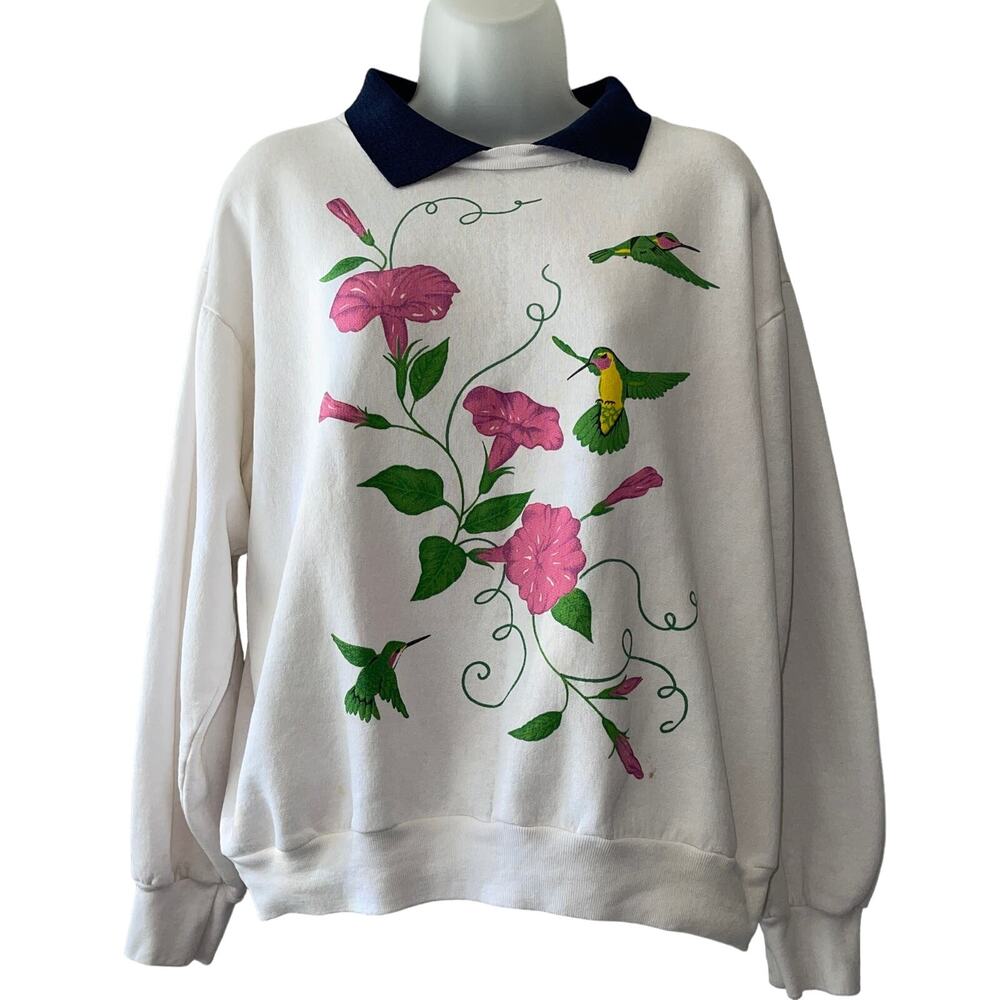 VINTAGE 80s Morning Sun Hummingbird Graphic Sweatshirt with Polo Collar Size Med